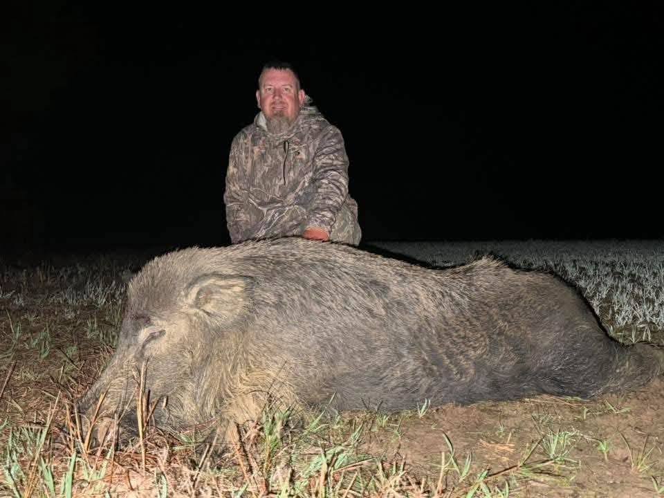 A veteran with a hog taken on a night hunt.